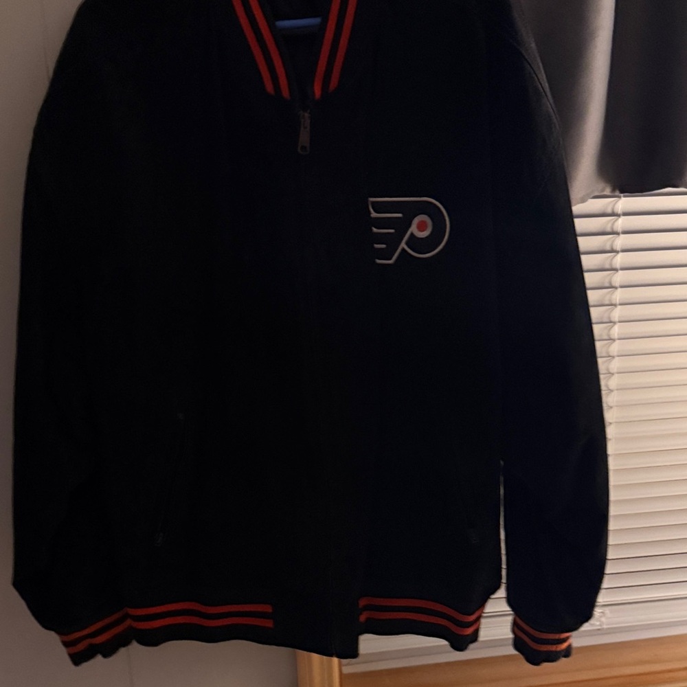 Suede Flyers jacket.NHL Black and Orange Bomber Jacket